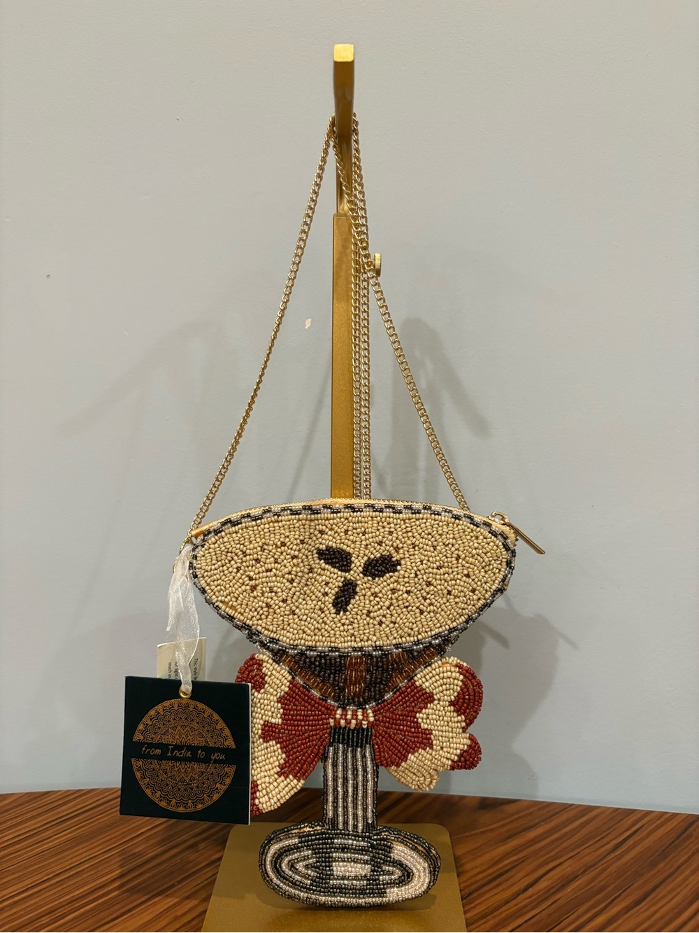 Beaded Espresso Martini Crossbody Bag with Gold Chain